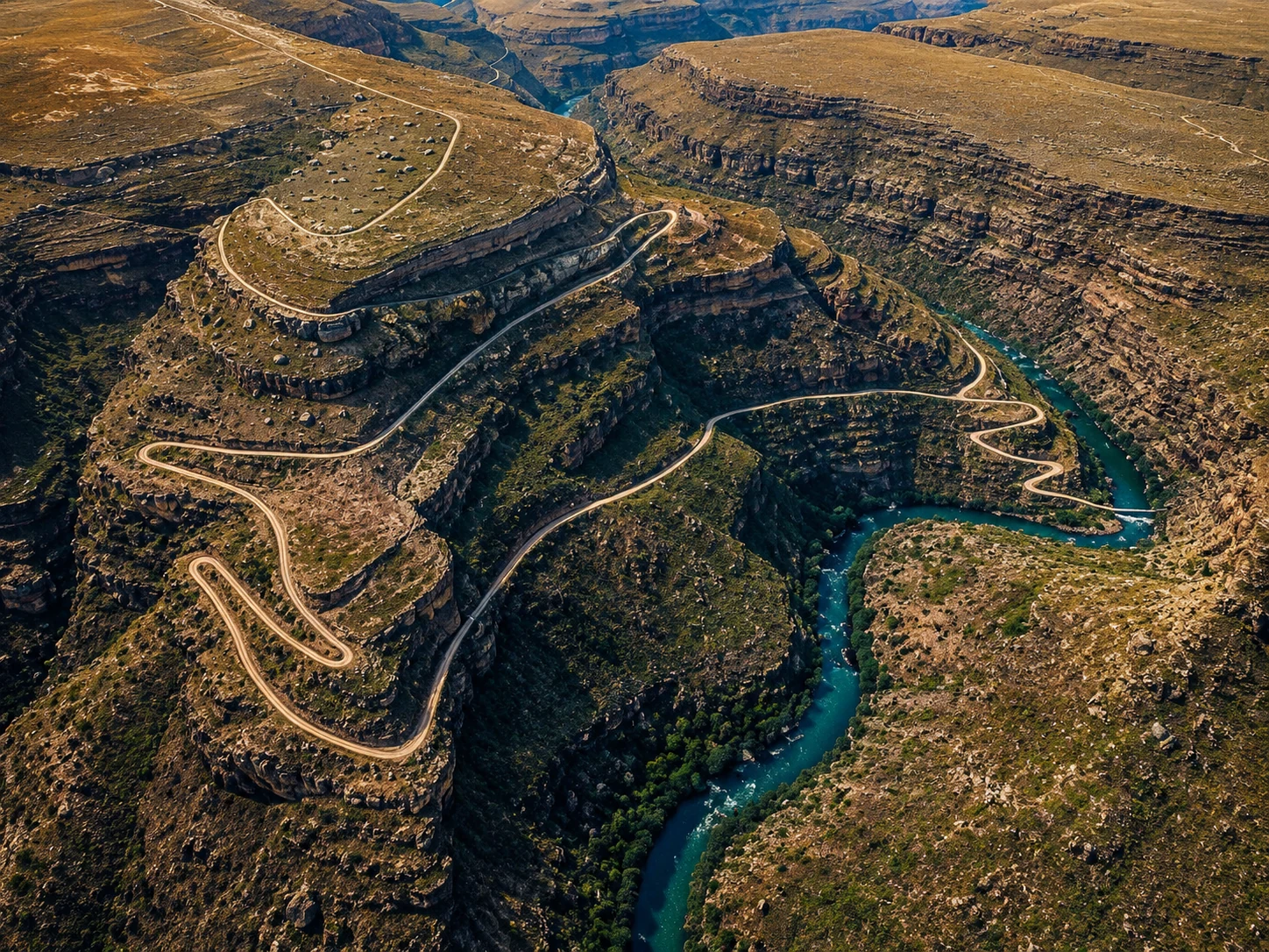Aerial view of switchback roads cut into a rugged canyon above a blue-green river