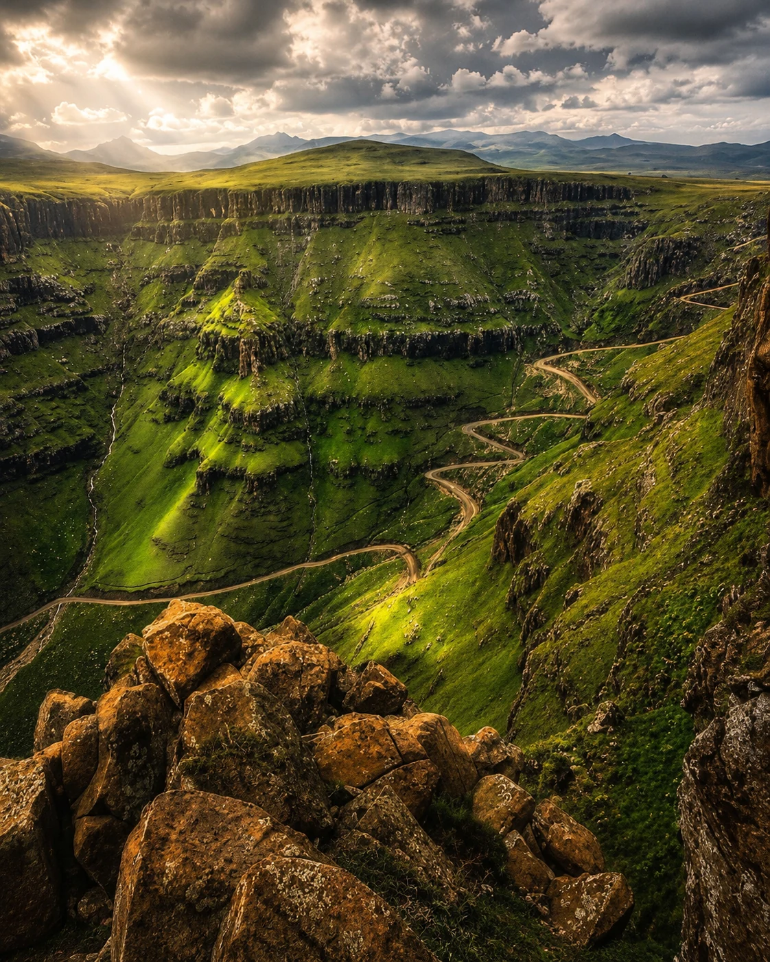 Emerald green canyon with winding road, layered cliffs and dramatic golden light