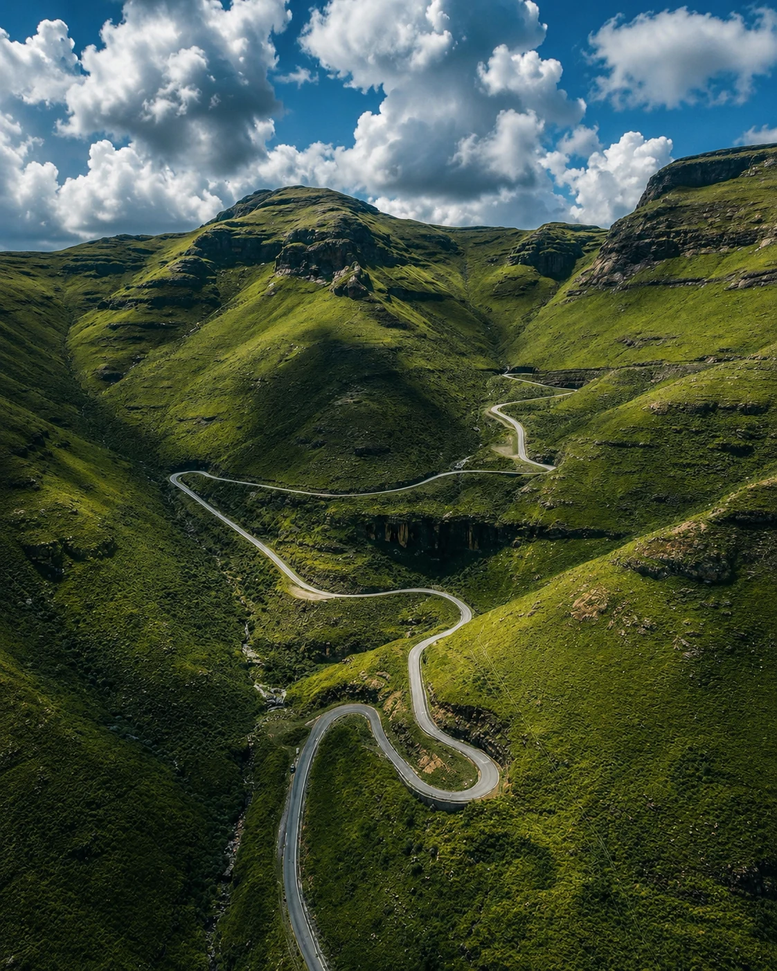 Serpentine road winding through green mountain slopes