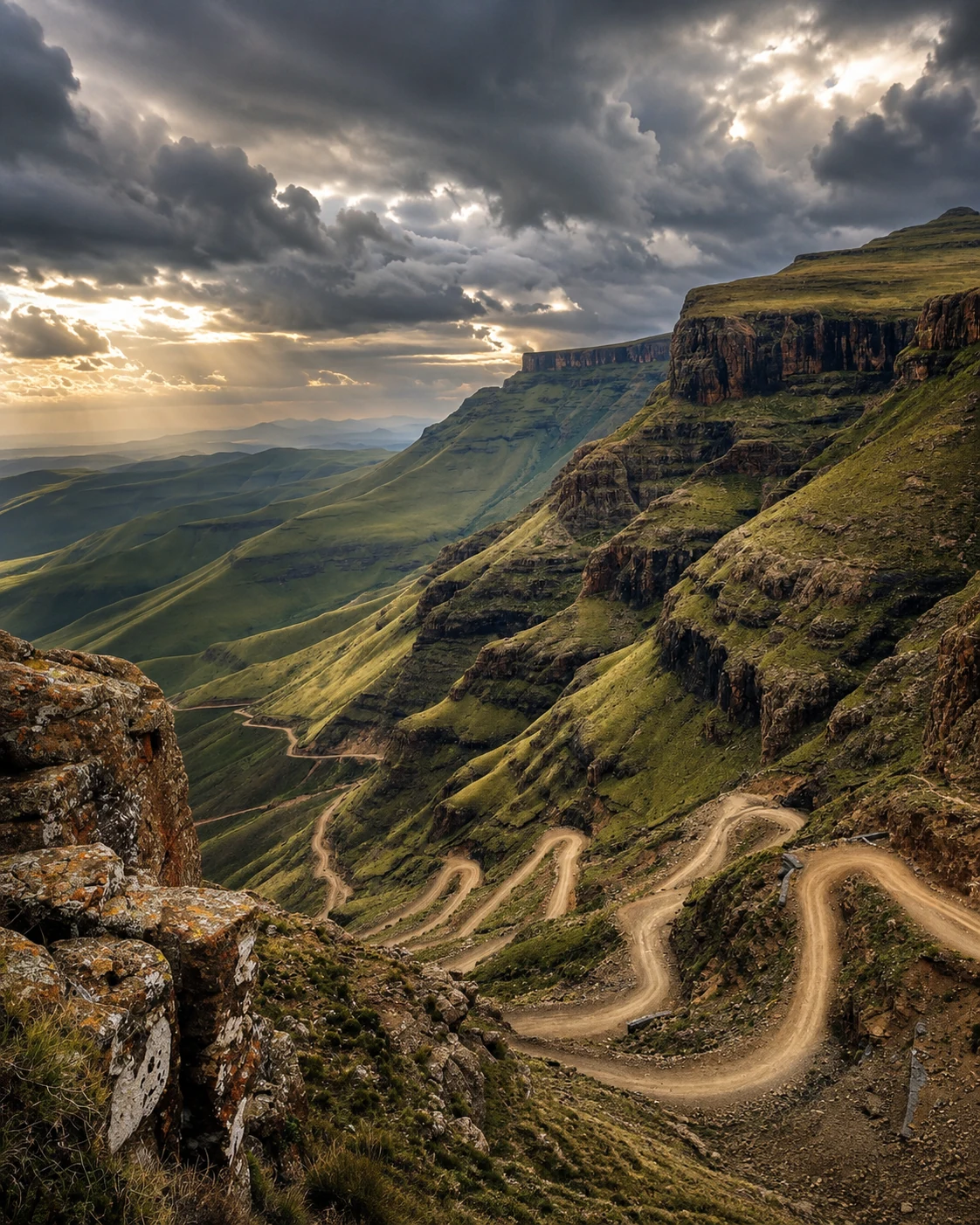 Winding Sani Pass road beneath dramatic mountain cliffs